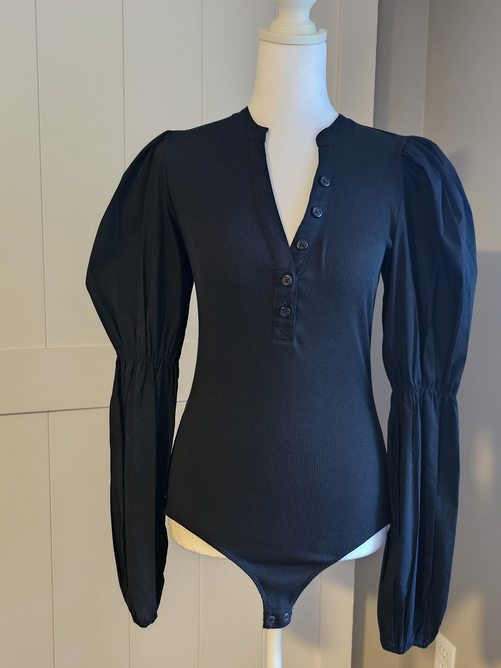 Express Black Puff-Sleeve Henley Bodysuit